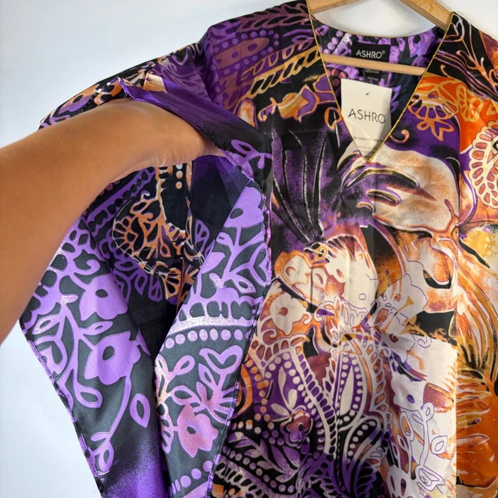 Ashro Kaftan Women Free Size Purple Orange Paisley Satin V-Neck Kimono Sleeve